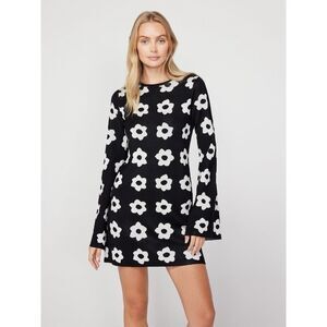 Kitri Greta Black Tiled Floral Knit Mini Dress Women’s Size Small Bell Sleeves